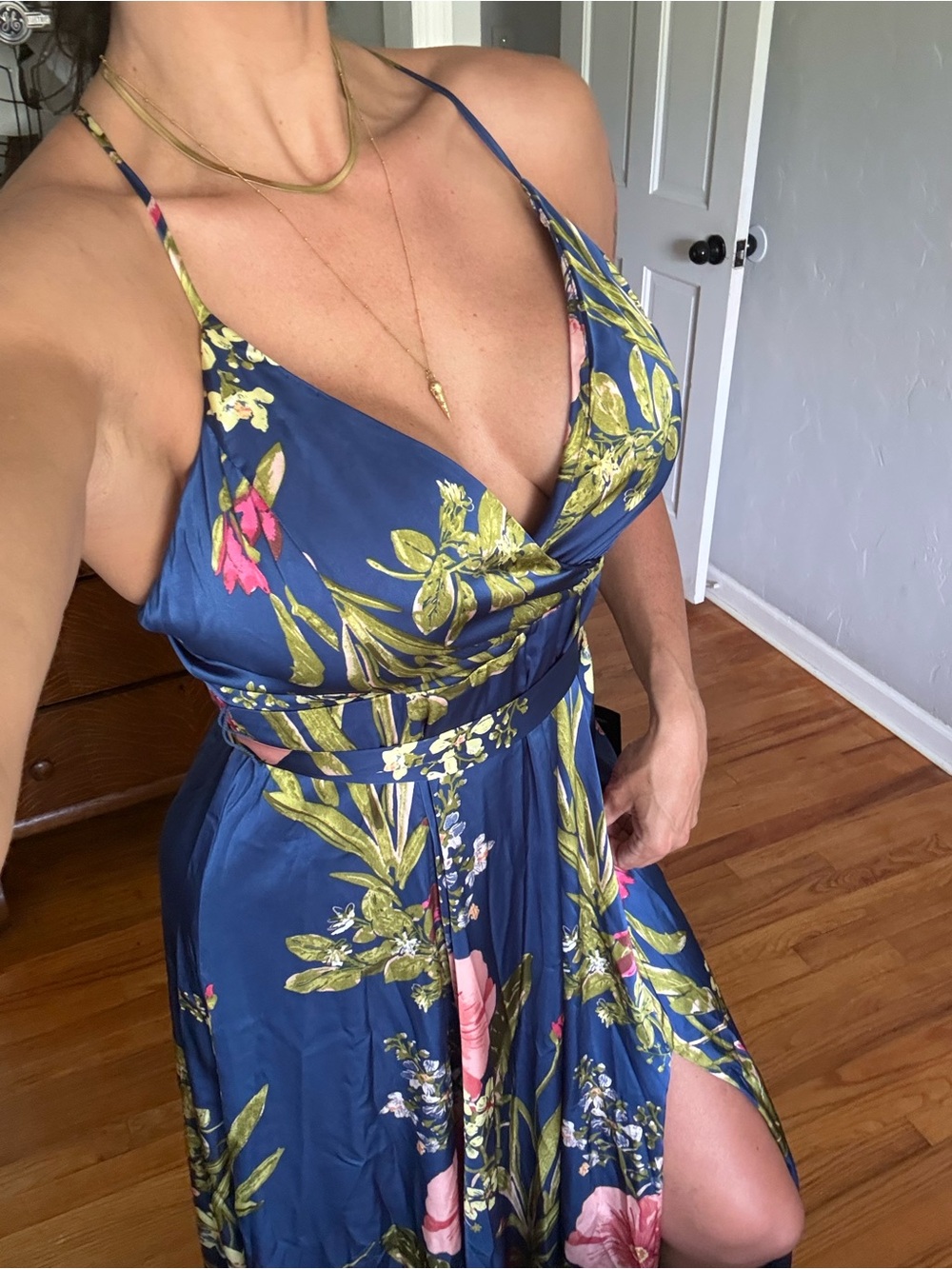 Lulu's Navy Floral Wrap Dress with Pink & Green Botanicals - Picture 2 of 2